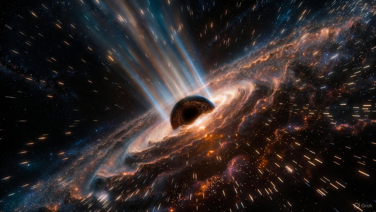 Jets shooting from a black hole, surrounded by shredded stars.