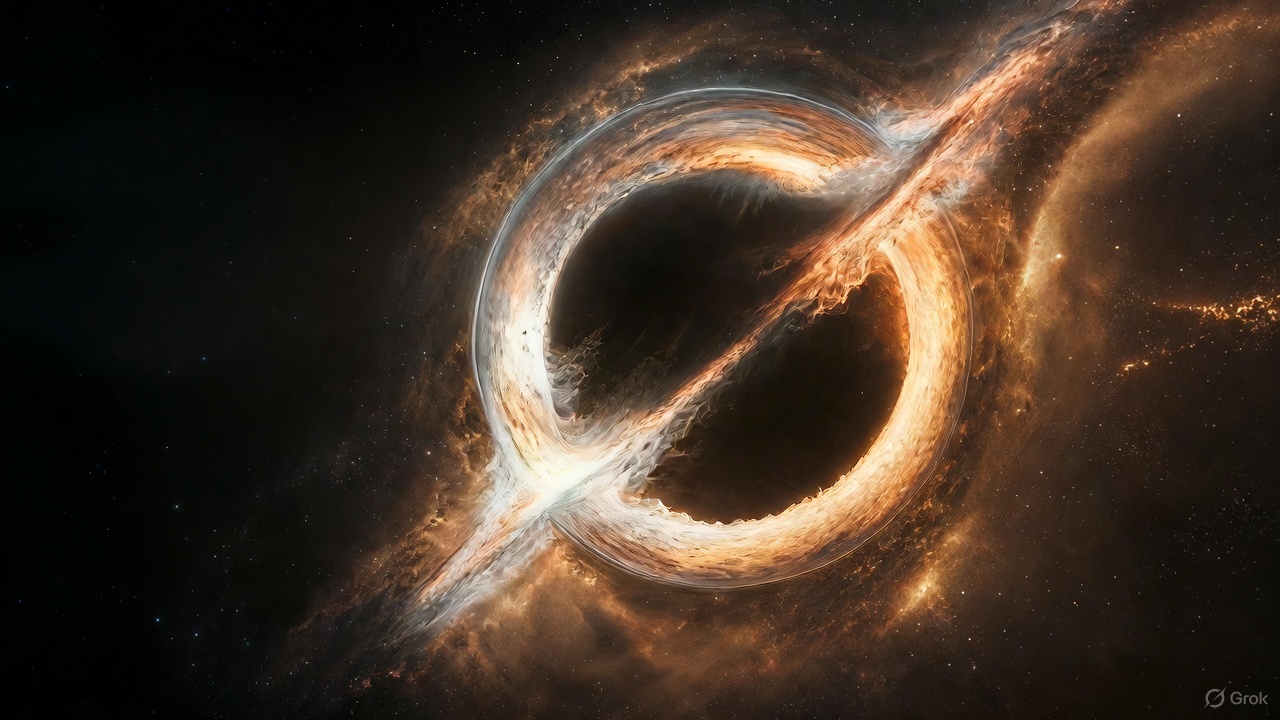 Accretion disk swirling around a glowing black hole.